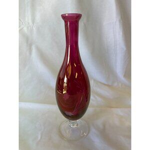 Vintage Handblown Pink Glass Vase With Etched Floral Design